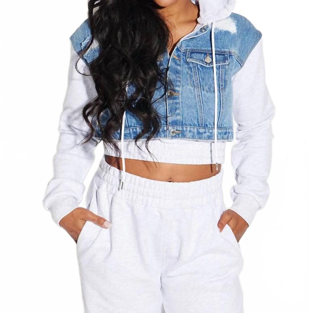 NEW CIRCULAR PATH crop denim hoodie in sky blue/heather gray